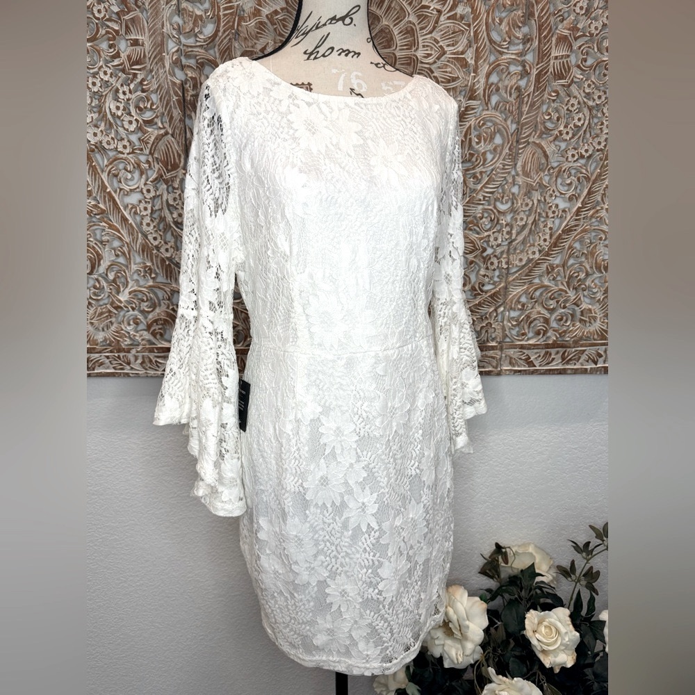Lulus Allure 'Em In White Lace Bell Sleeve Bodycon Boho Fairycore Mini Dress - Picture 5 of 16